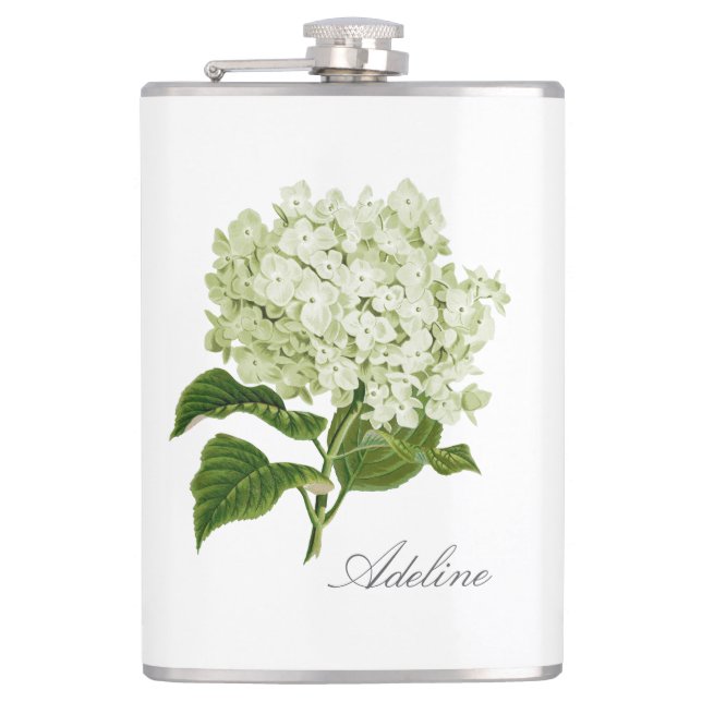 Green and White Hydrangea Flower with Name Flask (Front)