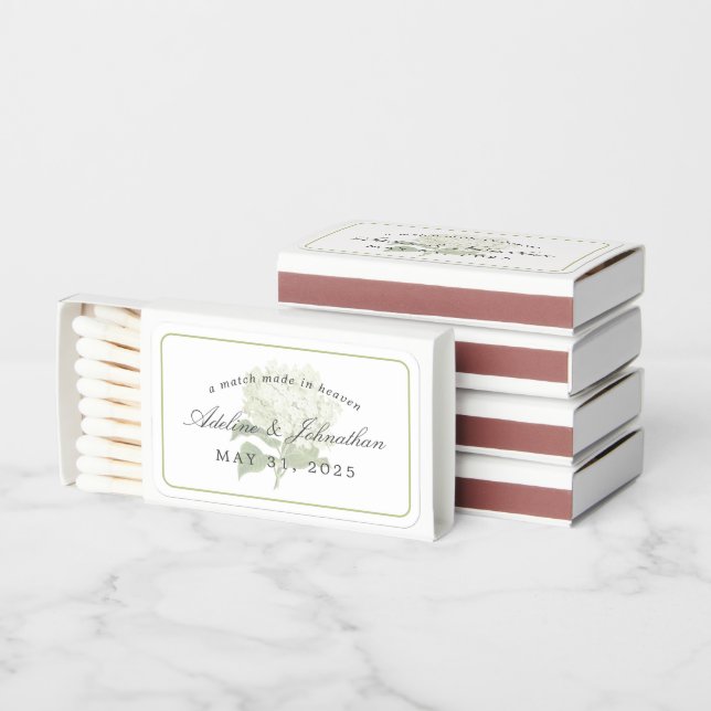 Green and White Hydrangea Wedding Matchboxes (Stacked)