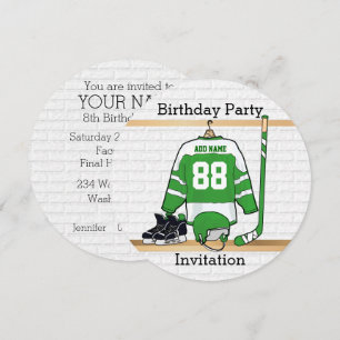 Green and White Ice Hockey Jersey Birthday Party Invitation