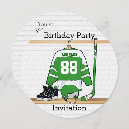 Green and White Ice Hockey Jersey Birthday Party Invitation