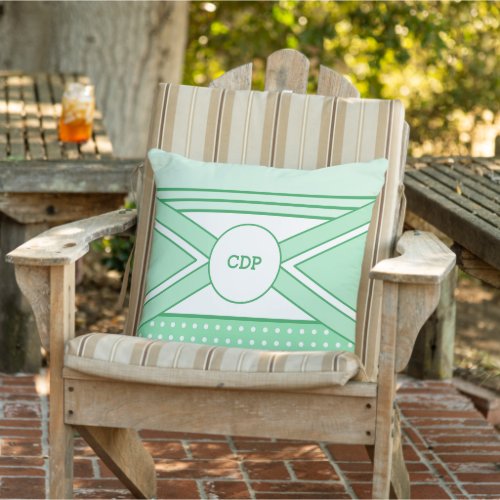 Green and white initials time to relax outdoor pillow