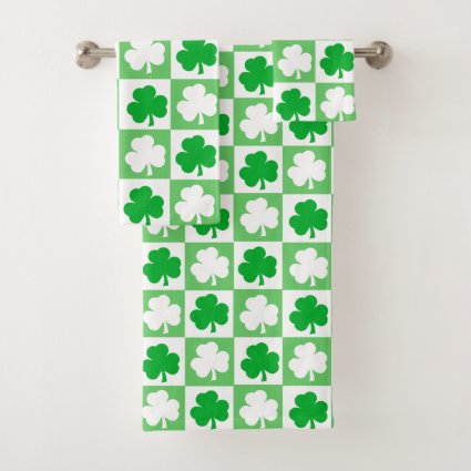 Green and White Irish Shamrocks Checkerboard Bath Towel Set