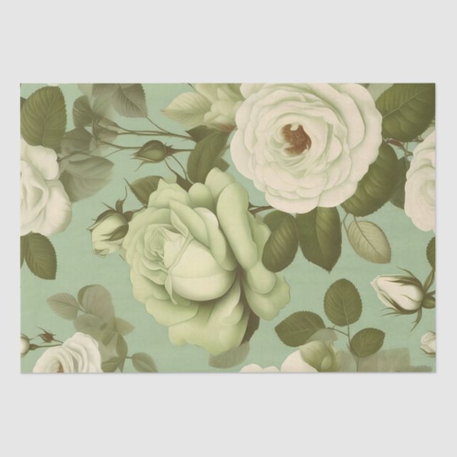 Green and White Italian Flower Print Decoupage /  Tissue Paper (Front)