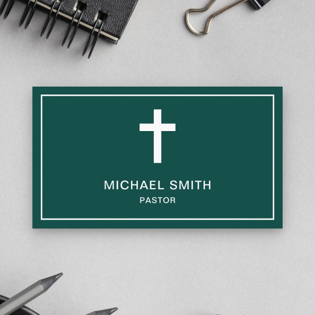 Green and White Jesus Christ Cross Pastor Business Card (Creator Uploaded)