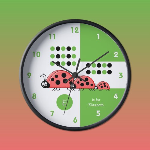 Green and white kids ladybirds with name clock