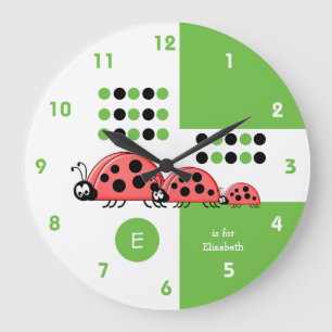 Green and white kids ladybirds with name large clock
