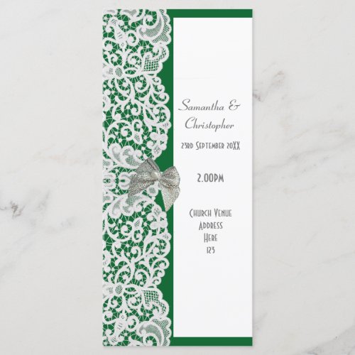 Green and white lace church wedding program