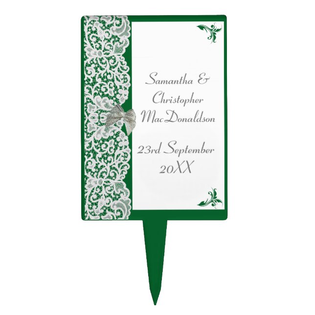 Green and white lace traditional lace wedding cake topper (Front)