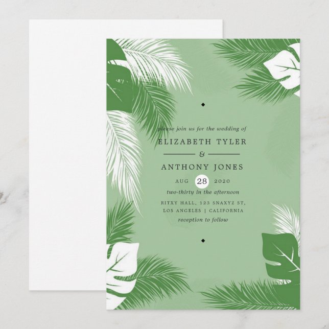 Green and White Leaves Exotic Tropical Wedding Invitation (Front/Back)