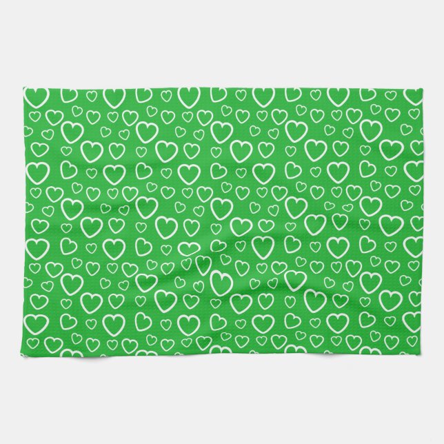 Green and White Love Hearts Pattern Kitchen Towel (Horizontal)