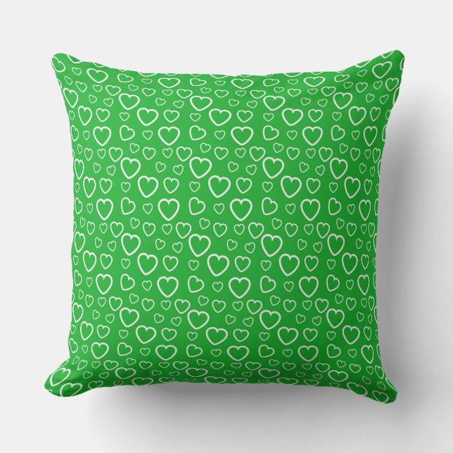 Green and White Love Hearts Pattern Throw Pillow (Front)