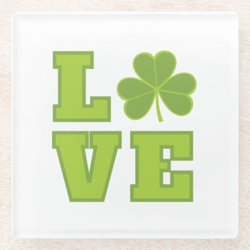Green and White Lucky Shamrock Love Glass Coaster