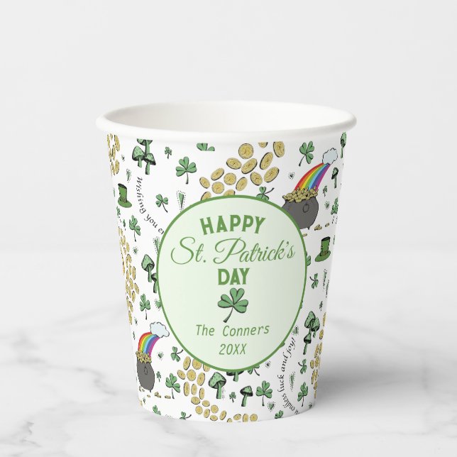 Green and White Lucky Shamrocks St Patricks Day Paper Cups (Front)