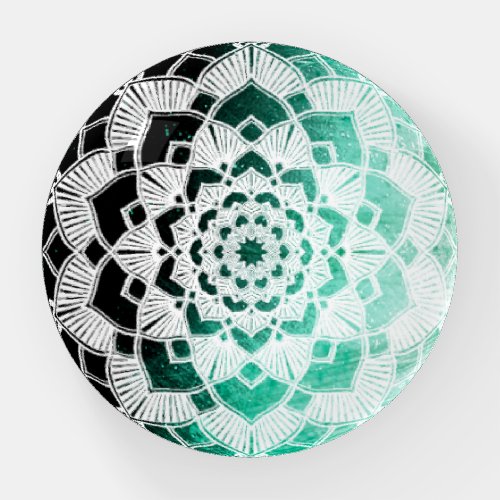 Green and White Mandala Abstract Paperweight