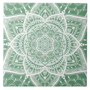 Green and White Mandala - Loergann in Sage Ceramic Tile
