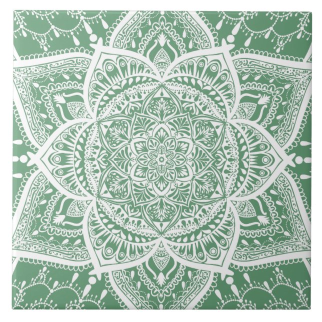 Green and White Mandala - Loergann in Sage Ceramic Tile (Front)