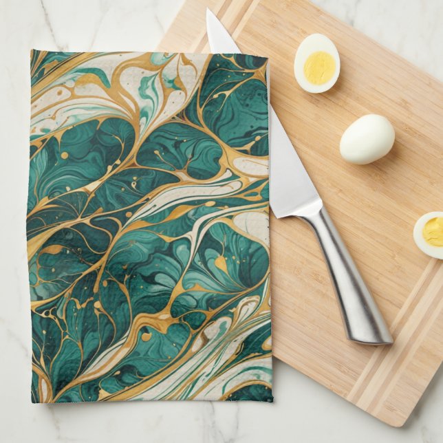Green and White Marble with Gold Accents Kitchen Towel (Quarter Fold)