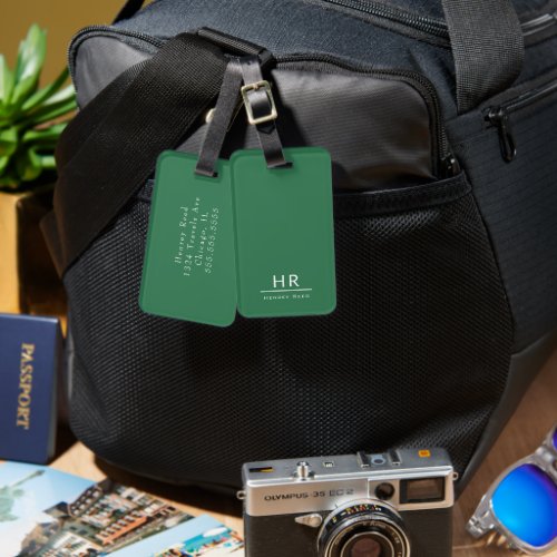 Green and White Masculine Monogram Initials  Name Luggage Tag