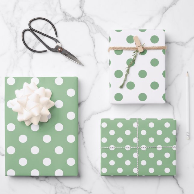 Green and White Matching Polka Dot Pattern Wrapping Paper Sheets (Front)