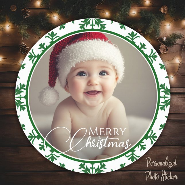 Green And White Merry Christmas Photo Classic Round Sticker (Green And White Merry Christmas Photo Classic Round Sticker)