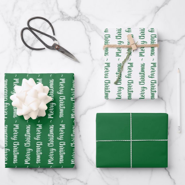 Green and White Merry Christmas Typography Gift Wrapping Paper Sheets (Front)
