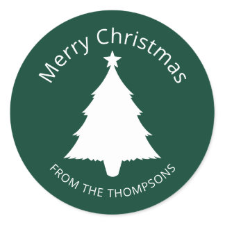 Green And White Minimalist Christmas Tree And Text Classic Round Sticker
