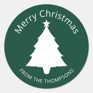 Green And White Minimalist Christmas Tree And Text Classic Round Sticker
