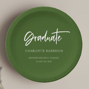 Green and White Modern Script Graduation Party Paper Plates