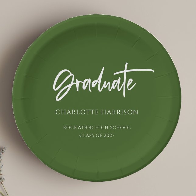 Green and White Modern Script Graduation Party Paper Plates (Creator Uploaded)