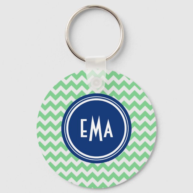 Green And White Monogram Geometric Chevron Pattern Keychain (Front)
