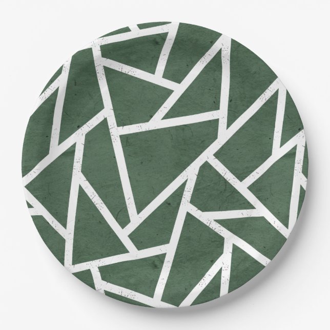Green and white mosaic pattern paper plates (Front)