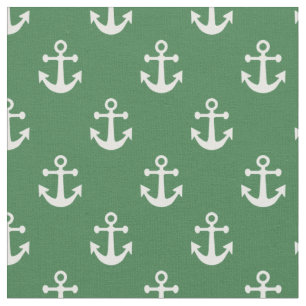 Green and White Nautical Anchors Pattern Fabric