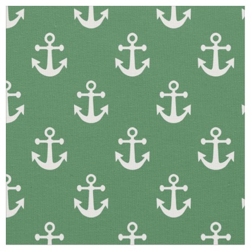 Green and White Nautical Anchors Pattern Fabric