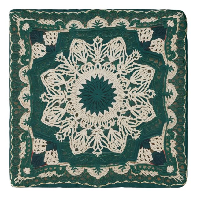 Green and White Needlework Look Marble Trivet (Front)
