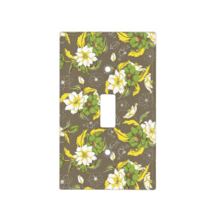 Green and White on Grey Traditional Flower Pattern Light Switch Cover