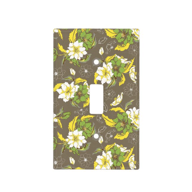 Green and White on Grey Traditional Flower Pattern Light Switch Cover (Front)