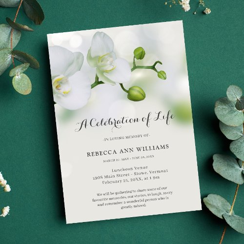 Green and White Orchid Celebration of Life Funeral Invitation