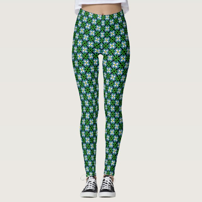 Green and White Ornamental Flower Floral Pattern Leggings (Front)