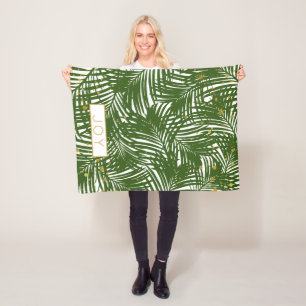 Green and White Palm Leaf Tropical Winter Holiday Fleece Blanket
