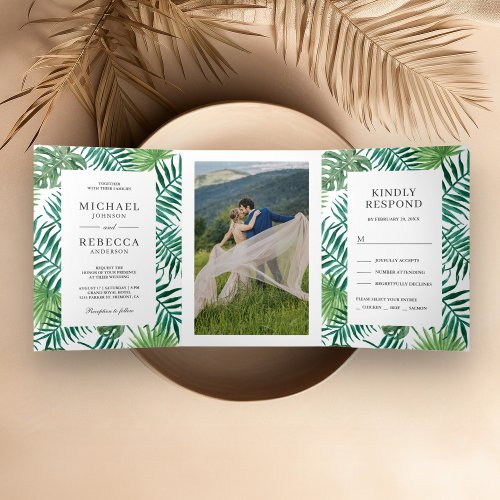 Green and White Palm Leaves Tropical Wedding Tri_Fold Invitation