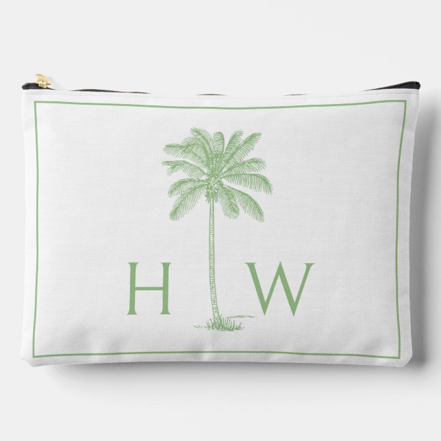 Green and White Palm Palmetto Tree Monogram Accessory Pouch (Front)