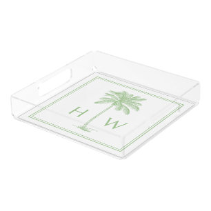 Green and White Palm Palmetto Tree Monogram Acrylic Tray