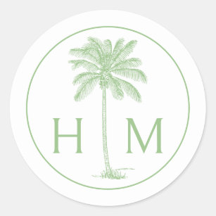 Green and White Palm Palmetto Tree Monogram Classic Round Sticker