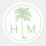 Green and White Palm Palmetto Tree Monogram Classic Round Sticker