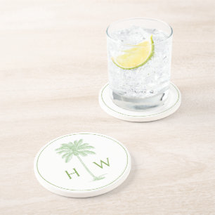 Green and White Palm Palmetto Tree Monogram Coaster