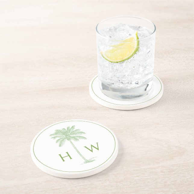 Green and White Palm Palmetto Tree Monogram Coaster (Side)