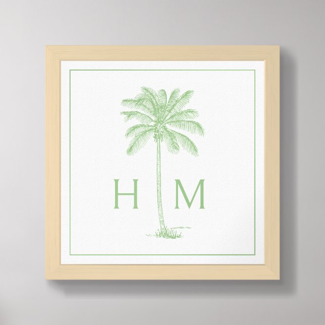 Green and White Palm Palmetto Tree Monogram Framed Art (Framed Front)