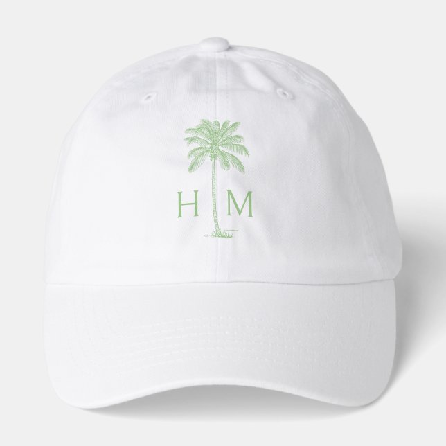 Green and White Palm Palmetto Tree Monogram Hat (Front)