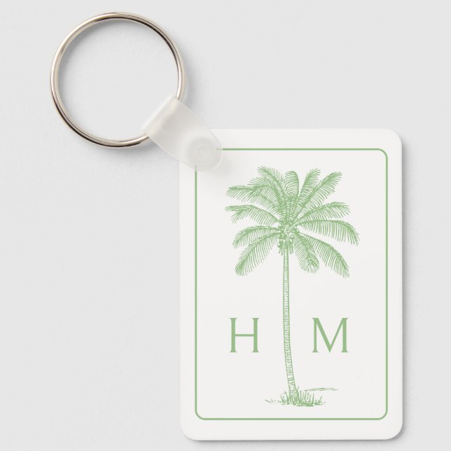 Green and White Palm Palmetto Tree Monogram Keychain (Front)