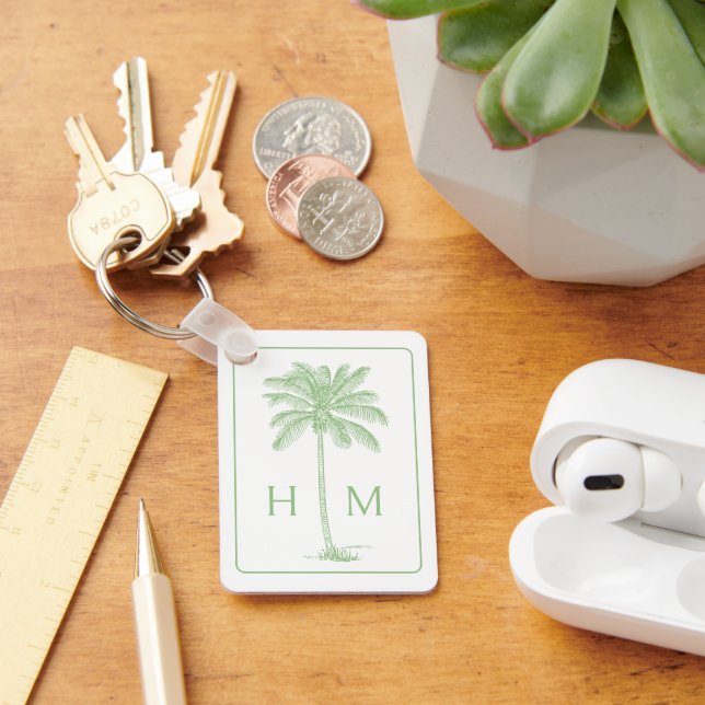 Green and White Palm Palmetto Tree Monogram Keychain (Desk)